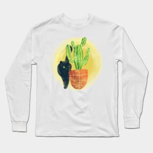 Black cat behind A cactus Long Sleeve T-Shirt